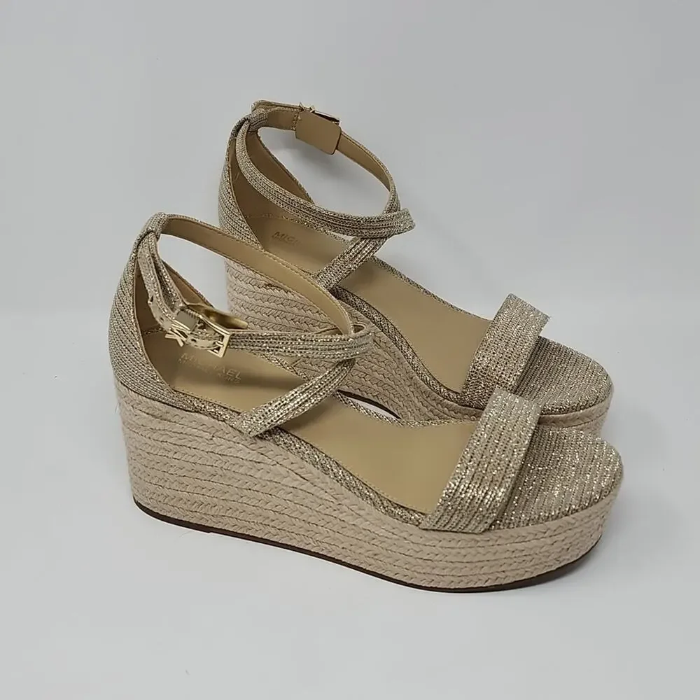 Michael Kors Metallic Gold Serena Espadrilles Platform Wedge Sandals Size 9